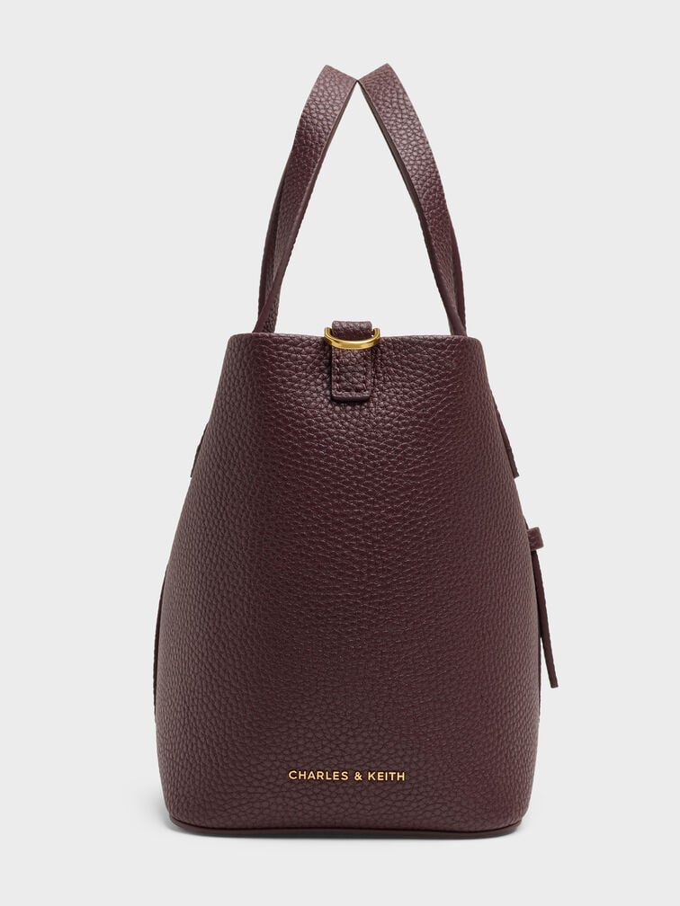 Beryl Recycled Leather Double-Handle Belted Bucket Bag, Wineberry Red, hi-res