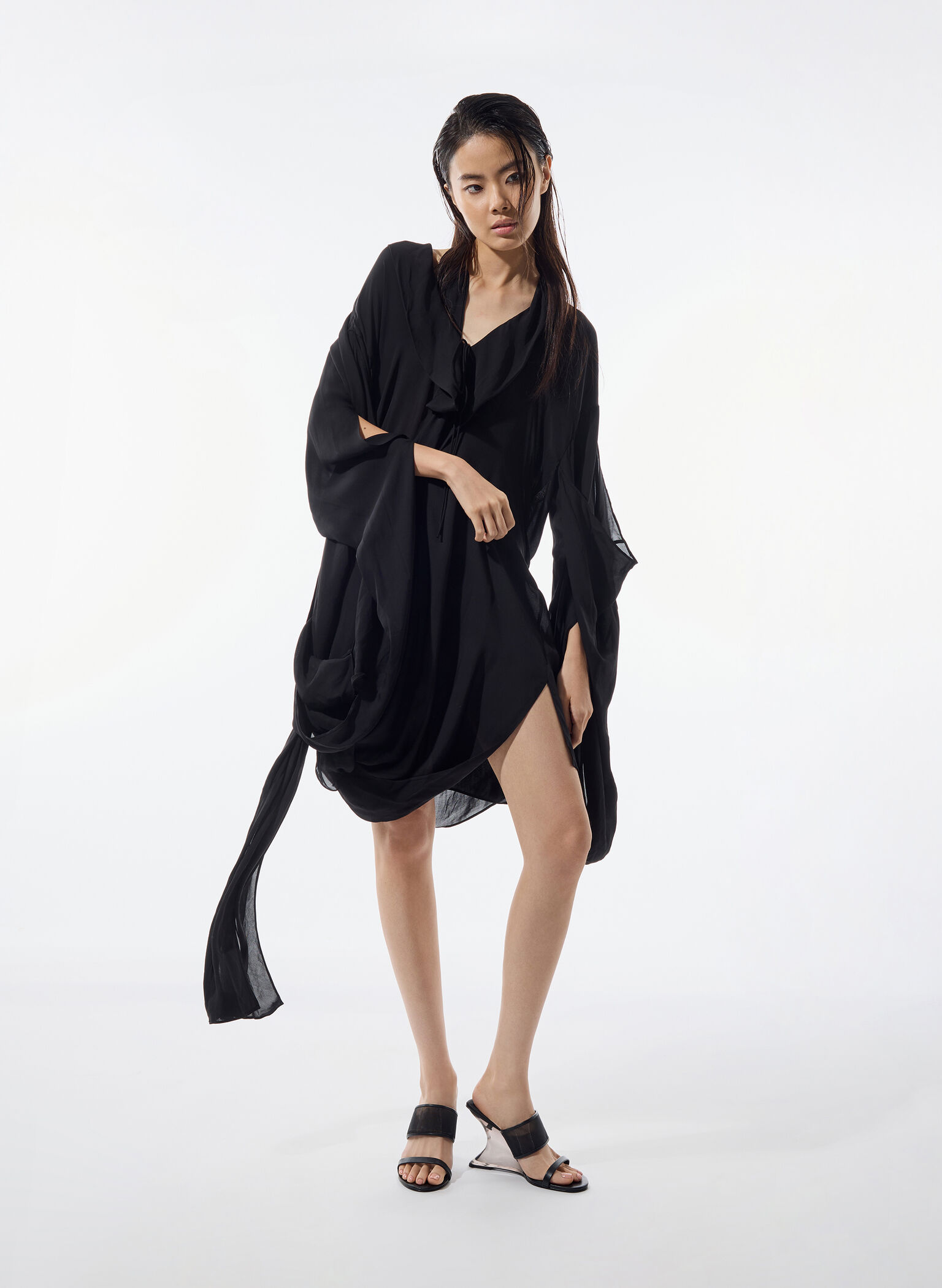 Mesh Sculptural-Heel Wedges, Black Textured, hi-res