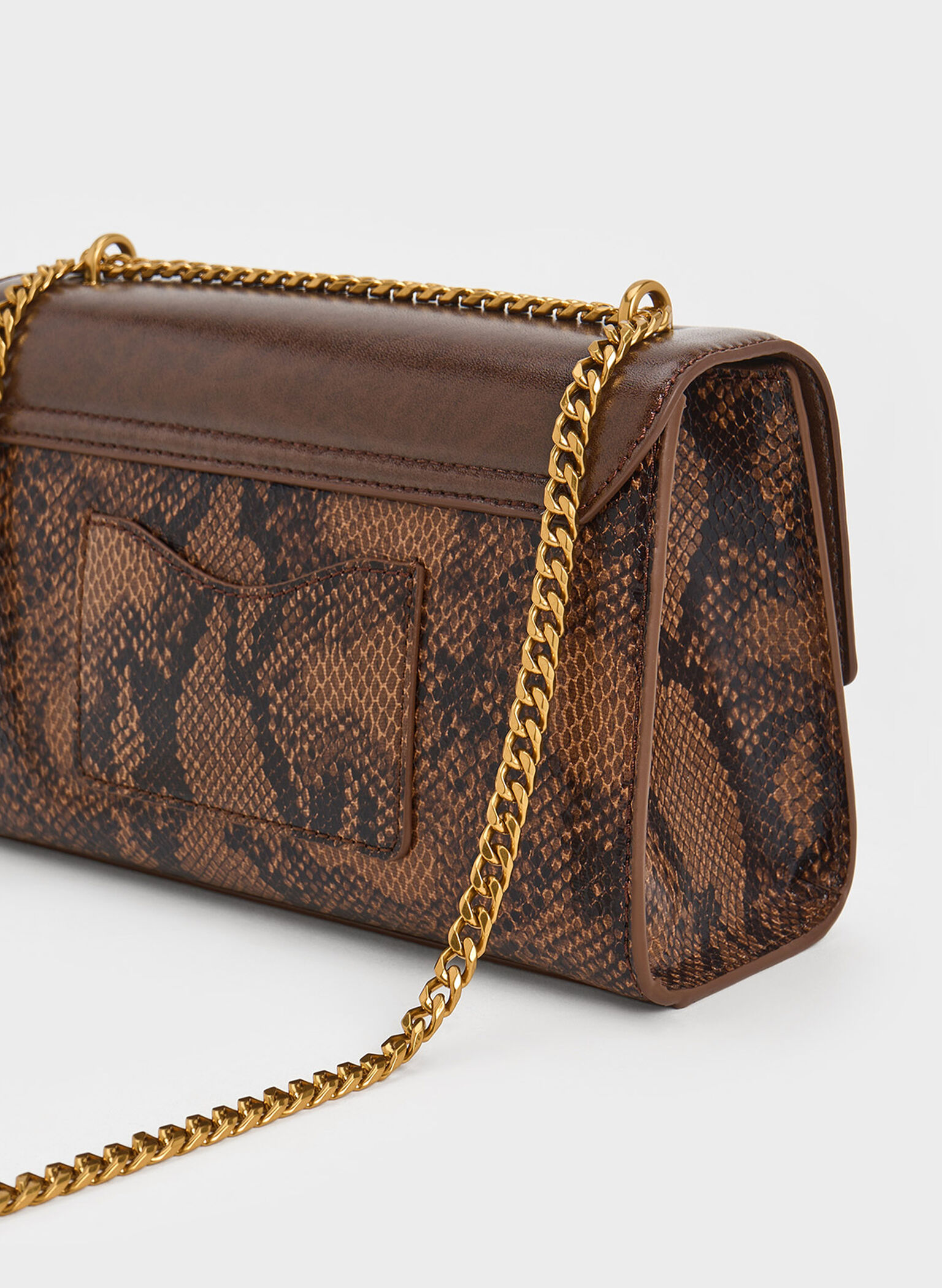 Ebba Snake Print Chain-Strap Bag, Brown, hi-res