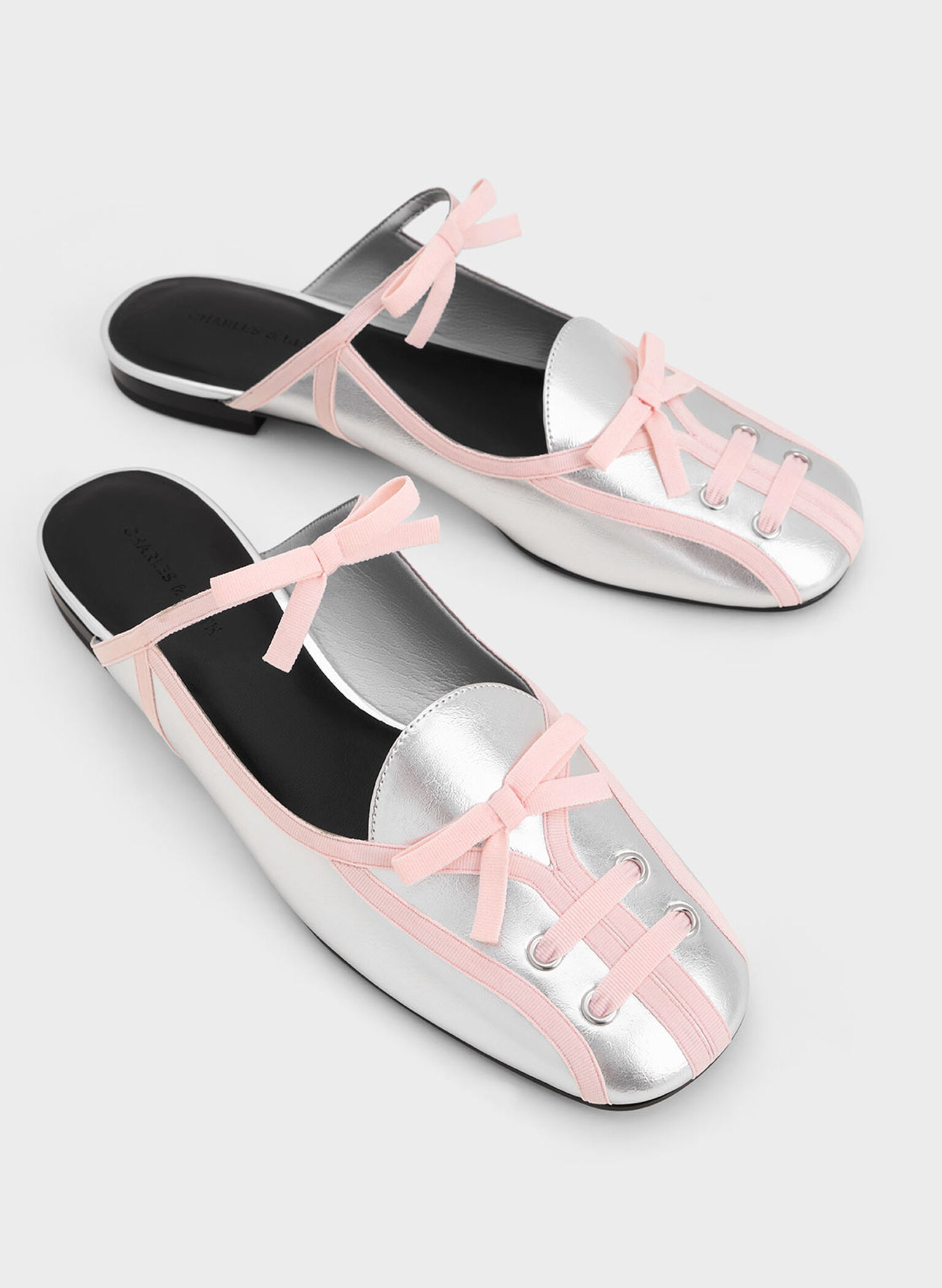 Metallic Lace-Up Bow Ballet Mules, Silver, hi-res