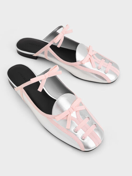 Metallic Lace-Up Bow Ballet Mules, Silver, hi-res