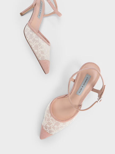 Beaded Mesh Ankle Strap Pumps, Nude, hi-res