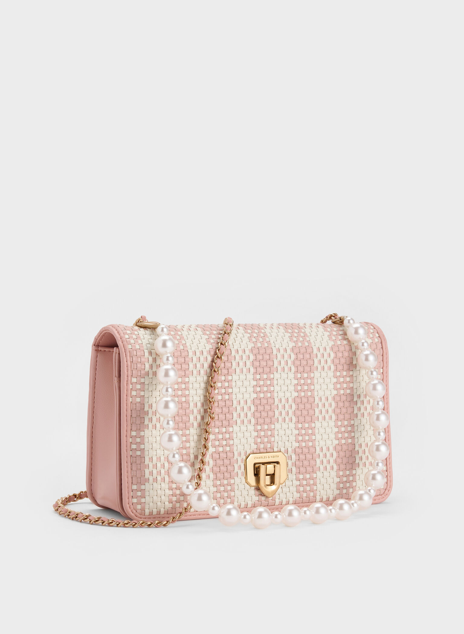 Alessia Checkered Pearl-Embellished Wallet on Chain, Light Pink, hi-res