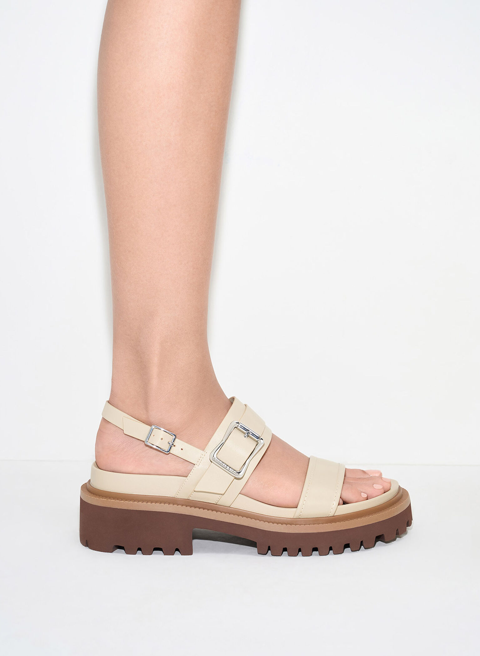 Buckled Platform Slingback Sandals, Taupe, hi-res