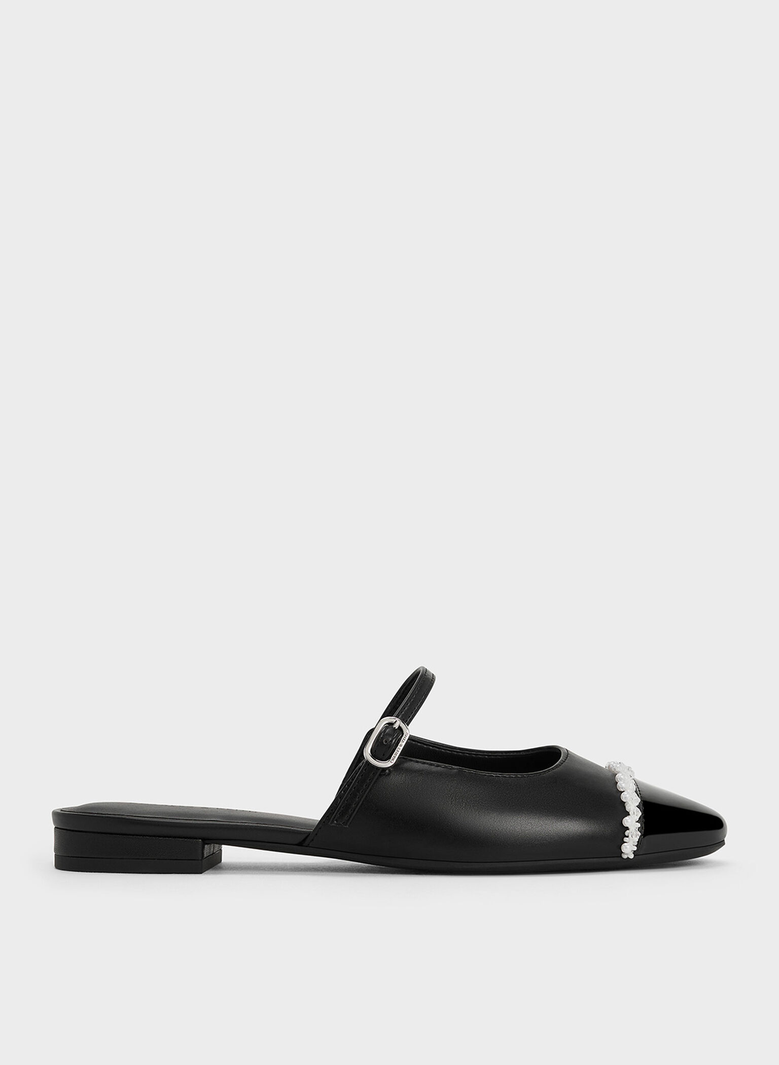 Pearl-Embellished Cap-Toe Flat Mules, Black, hi-res