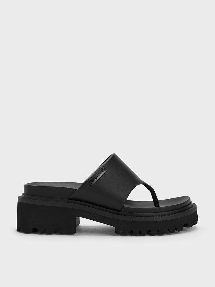 Padded Ridged-Sole Thong Sandals, Black, hi-res