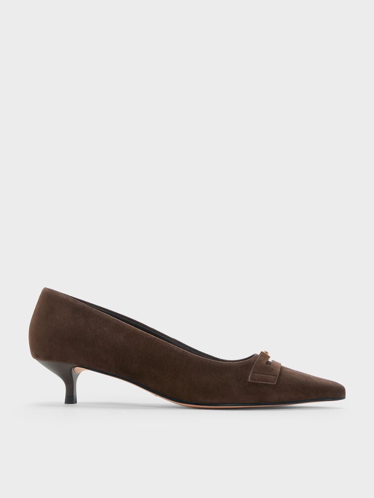 Georgina Suede Pointed-Toe Kitten-Heel Pumps, Dark Brown Textured, hi-res