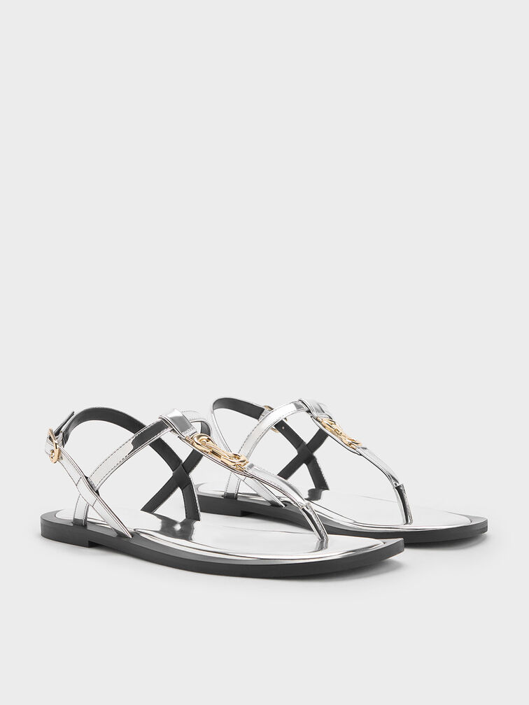 Metallic-Accent Thong Sandals, Silver, hi-res