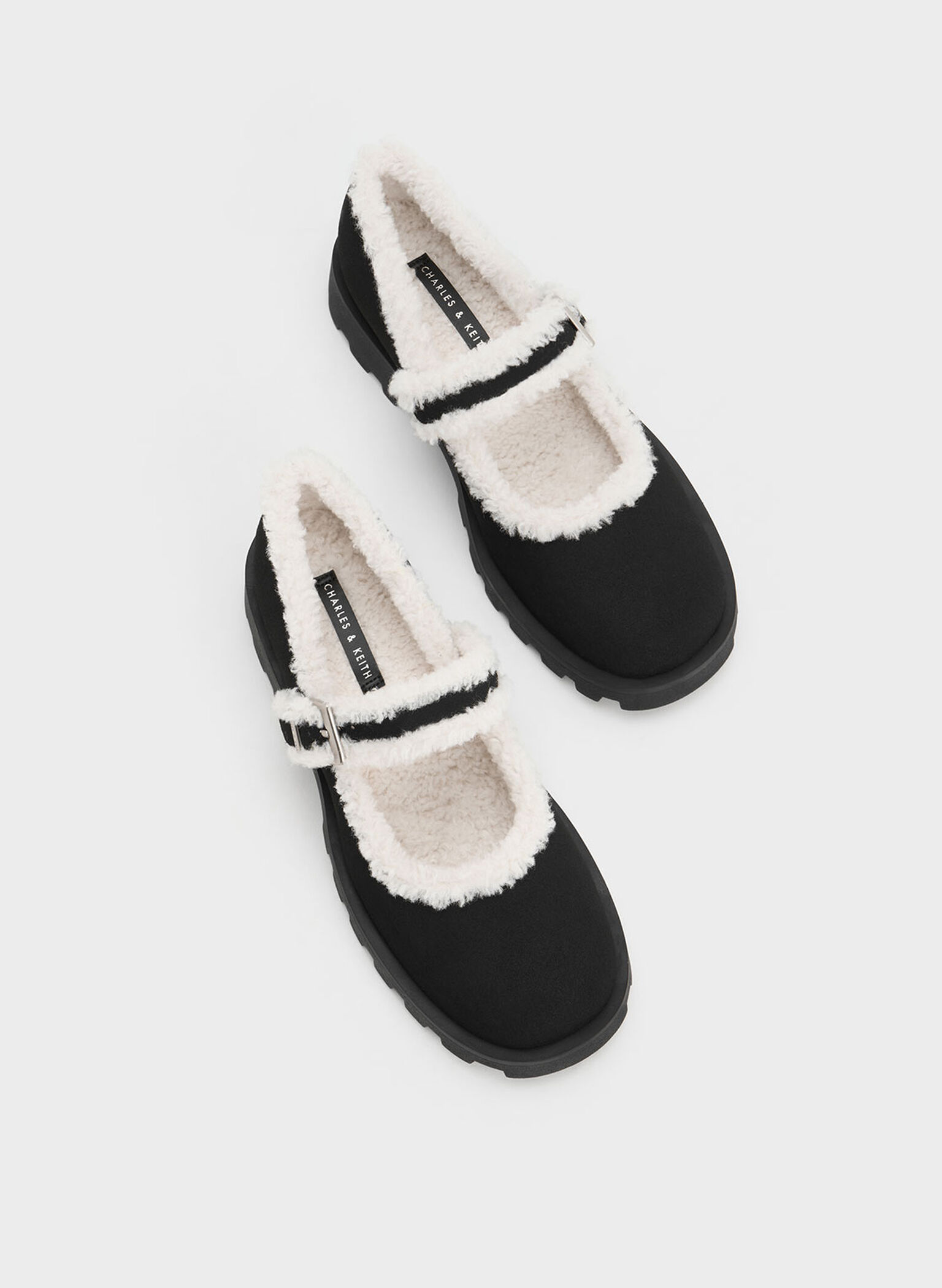 Textured Fur-Trim Buckled Mary Janes, Black Textured, hi-res