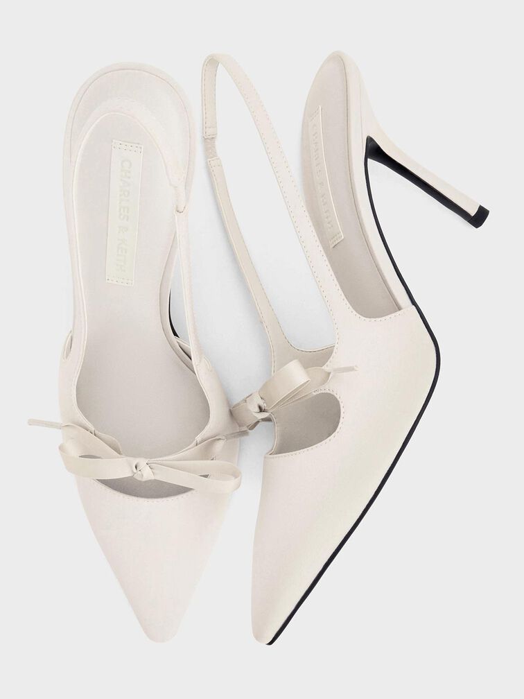 Satin Bow Pointed-Toe Slingback Pumps, Light Grey, hi-res