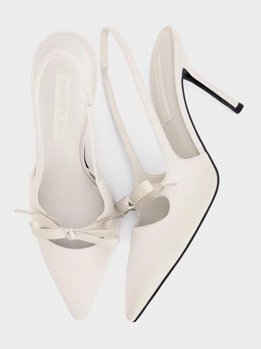 Satin Bow Pointed-Toe Slingback Pumps, Light Grey, hi-res