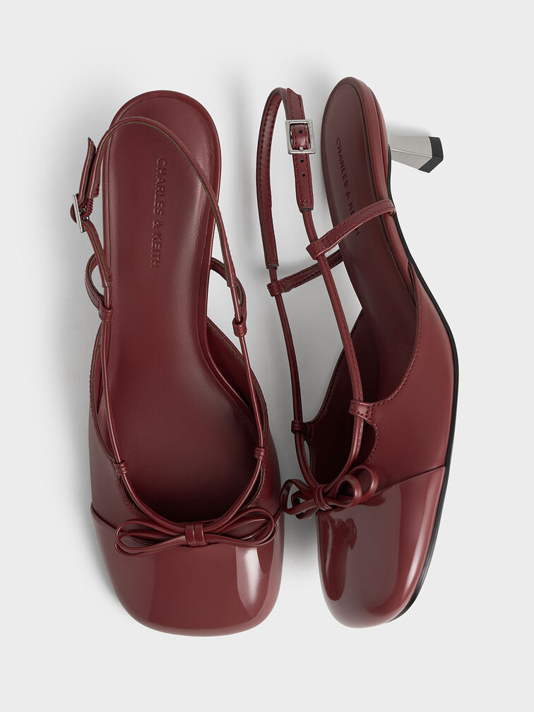 Patent Cap-Toe Bow Slingback Pumps, Burgundy, hi-res
