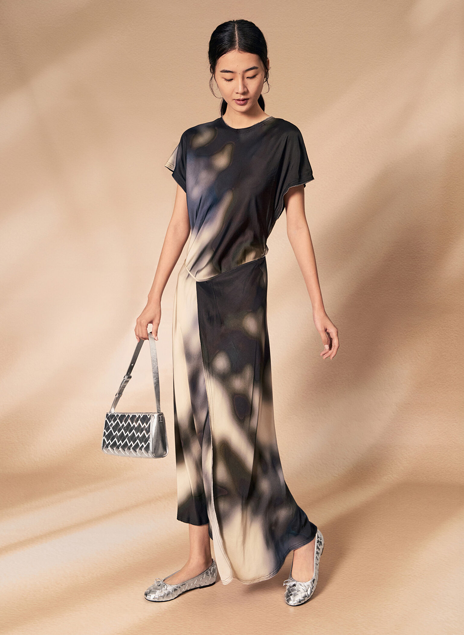Ivette Metallic Woven Elongated Shoulder Bag, Silver, hi-res