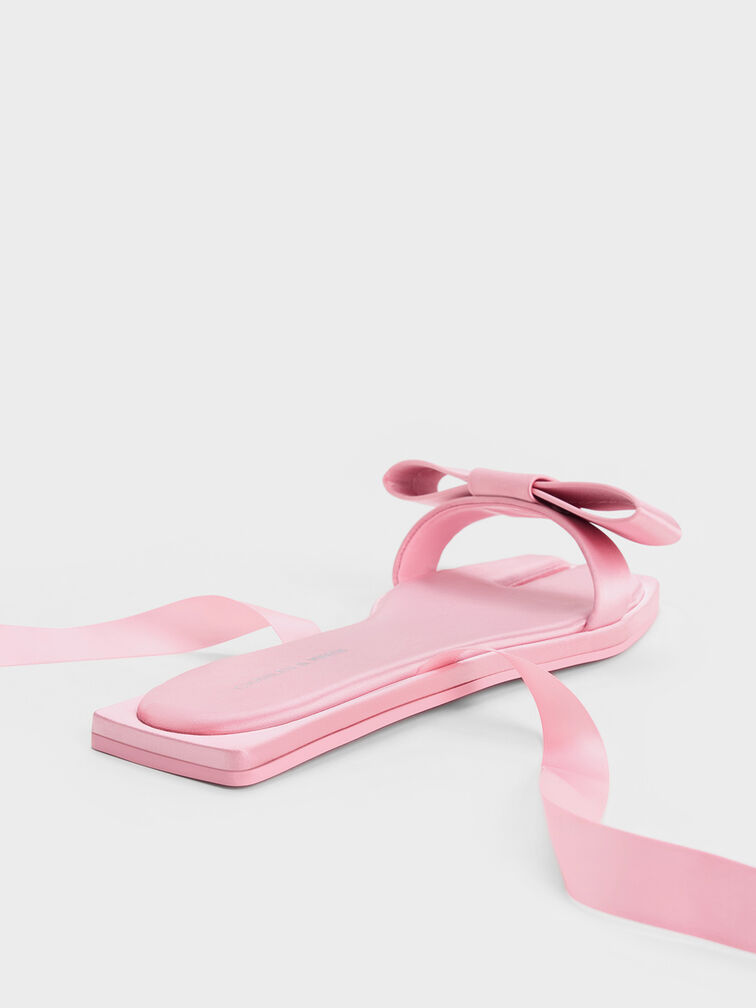 Satin Bow Tie-Around Flat Sandals, Pink, hi-res