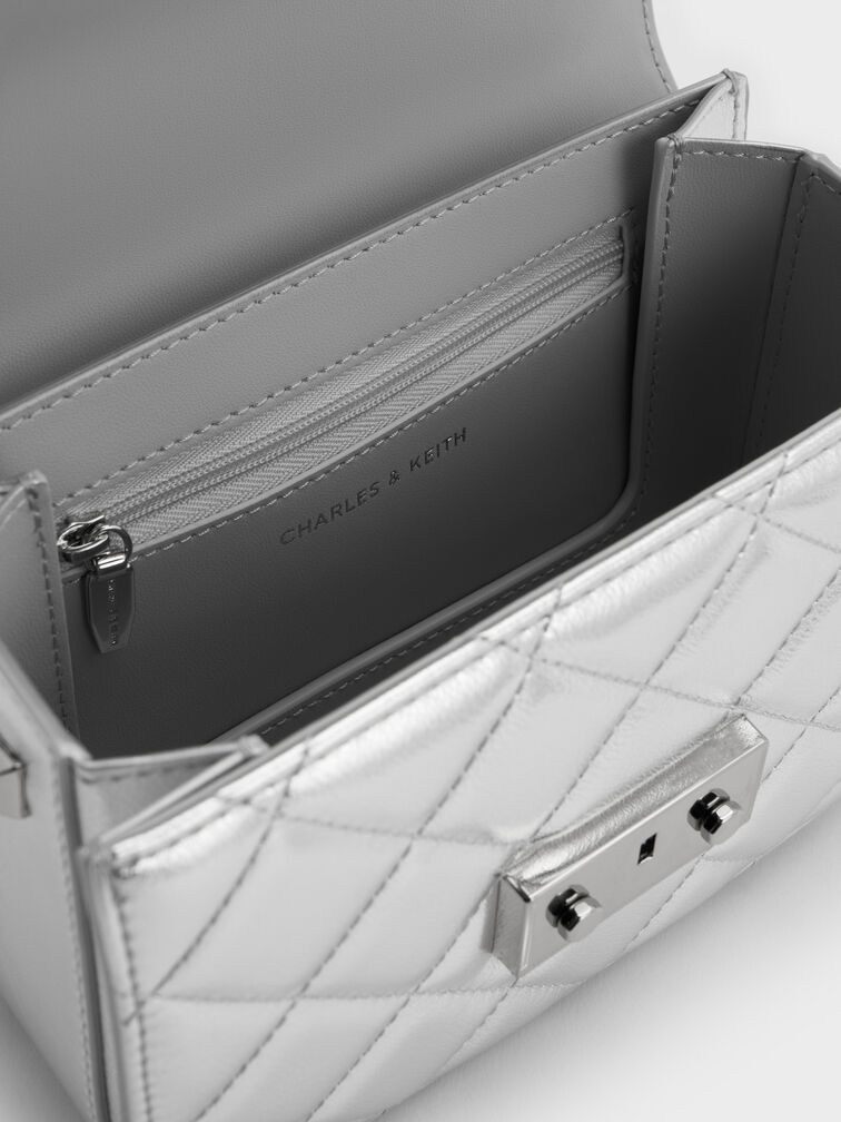 Alva Metallic Quilted Chain-Handle Bag, Silver, hi-res