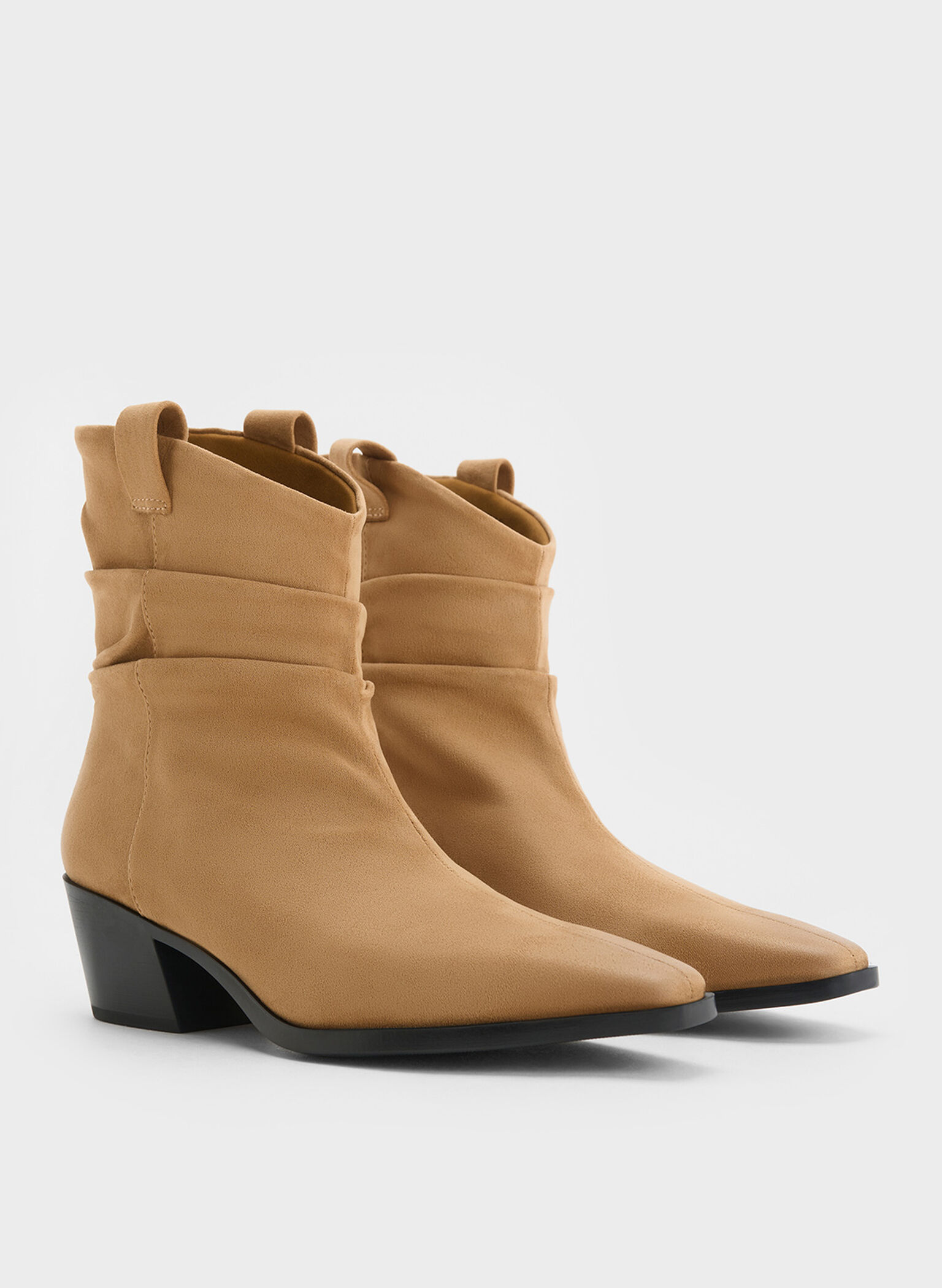 Faux Suede Ruched Almond-Toe Cowboy Ankle Boots, Tan, hi-res