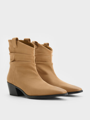 Faux Suede Ruched Almond-Toe Cowboy Ankle Boots, Tan, hi-res