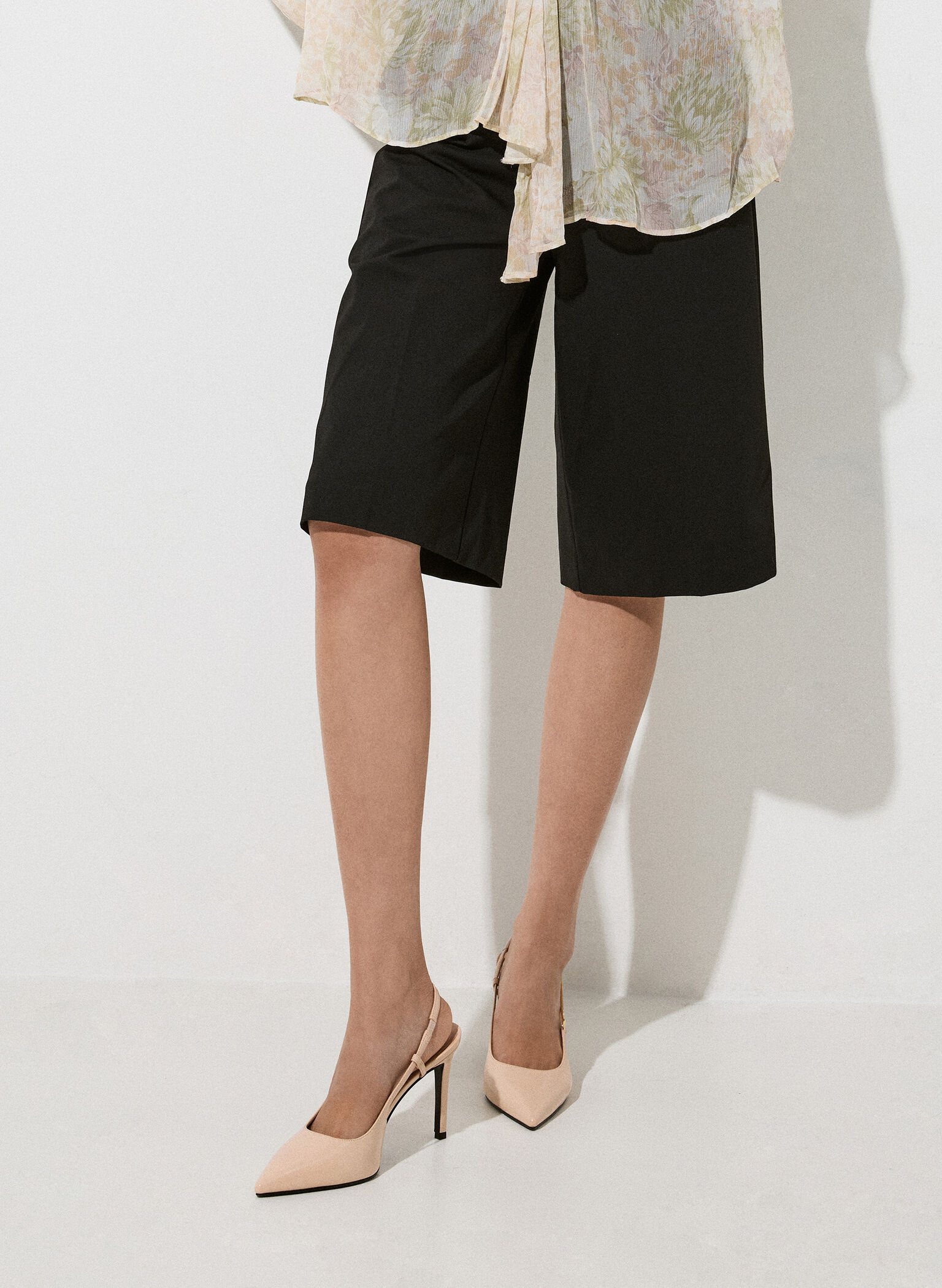 Chain-Strap Pointed-Toe Slingback Pumps, Nude, hi-res