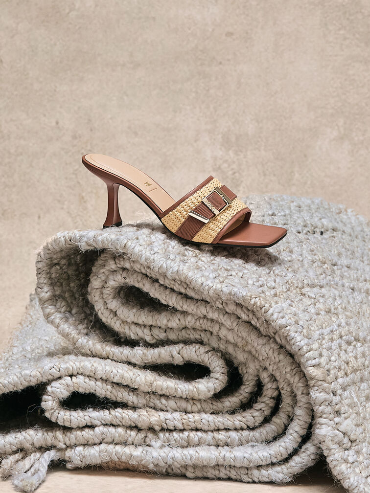 Whitney Leather & Raffia Buckled Heeled Mules, Brown, hi-res