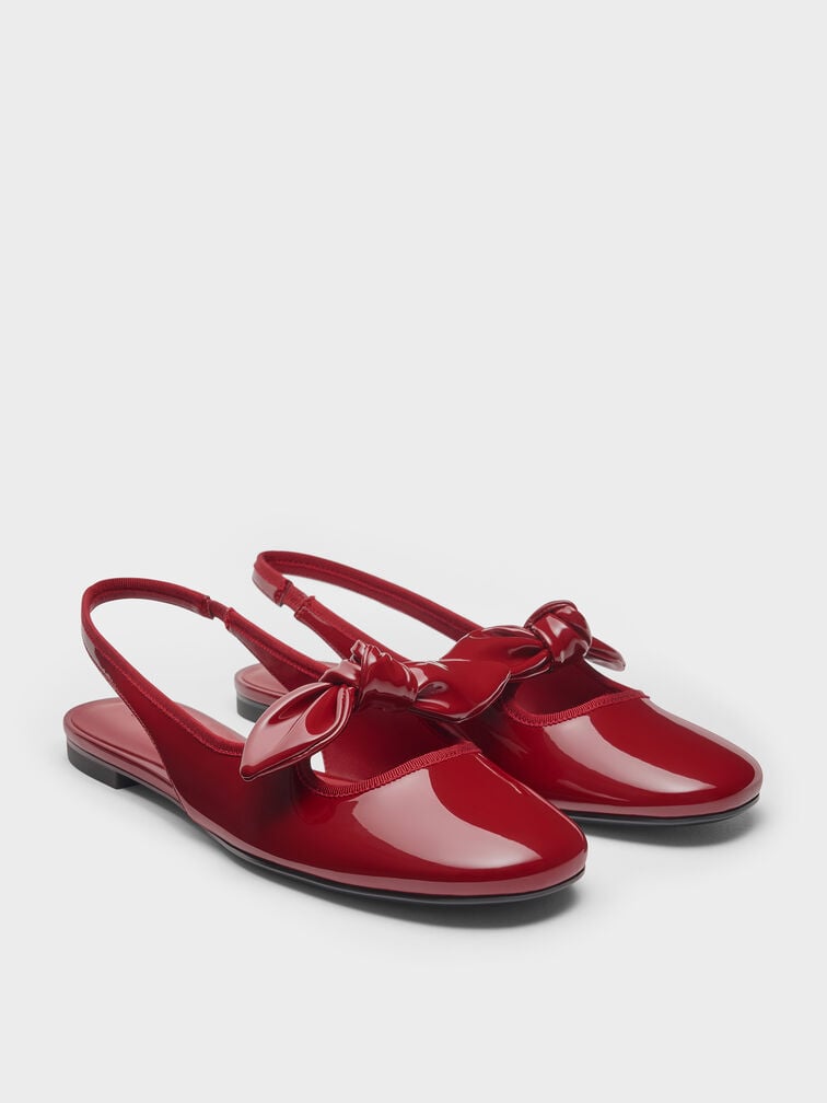 Patent Knotted-Bow Slingback Flats, Red, hi-res