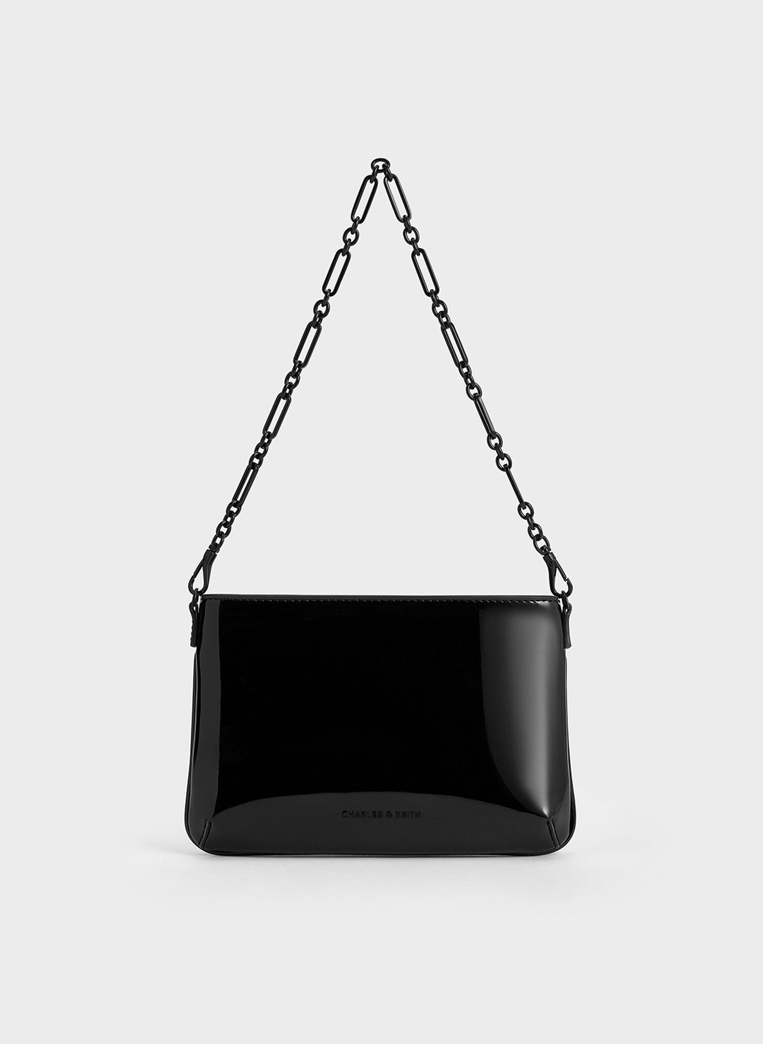 Patent Chain-Handle Shoulder Bag, Jet Black, hi-res