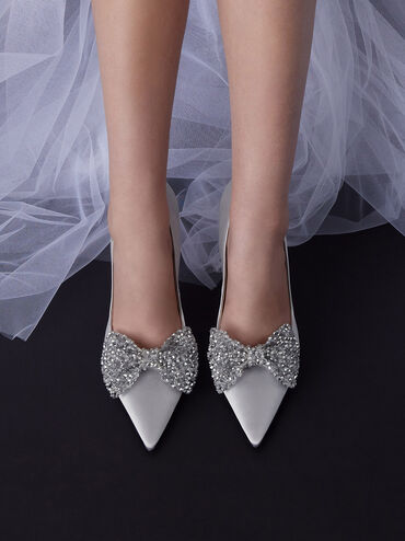 Recycled Polyester Beaded Bow Pumps, Silver, hi-res