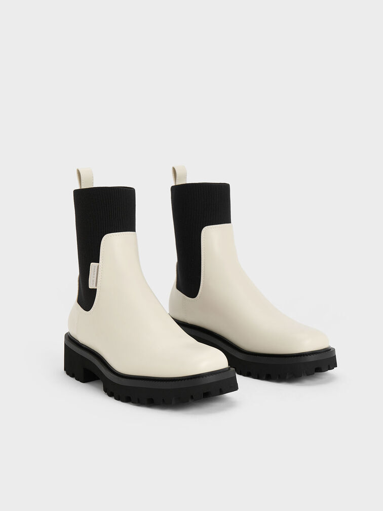 Two-Tone Knitted Sock Ridge-Sole Chelsea Boots, Chalk, hi-res