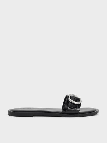 Buckle-Strap Slide Sandals, Black Box, hi-res