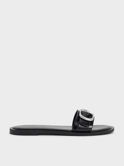 Buckle-Strap Slide Sandals, Black Box, hi-res