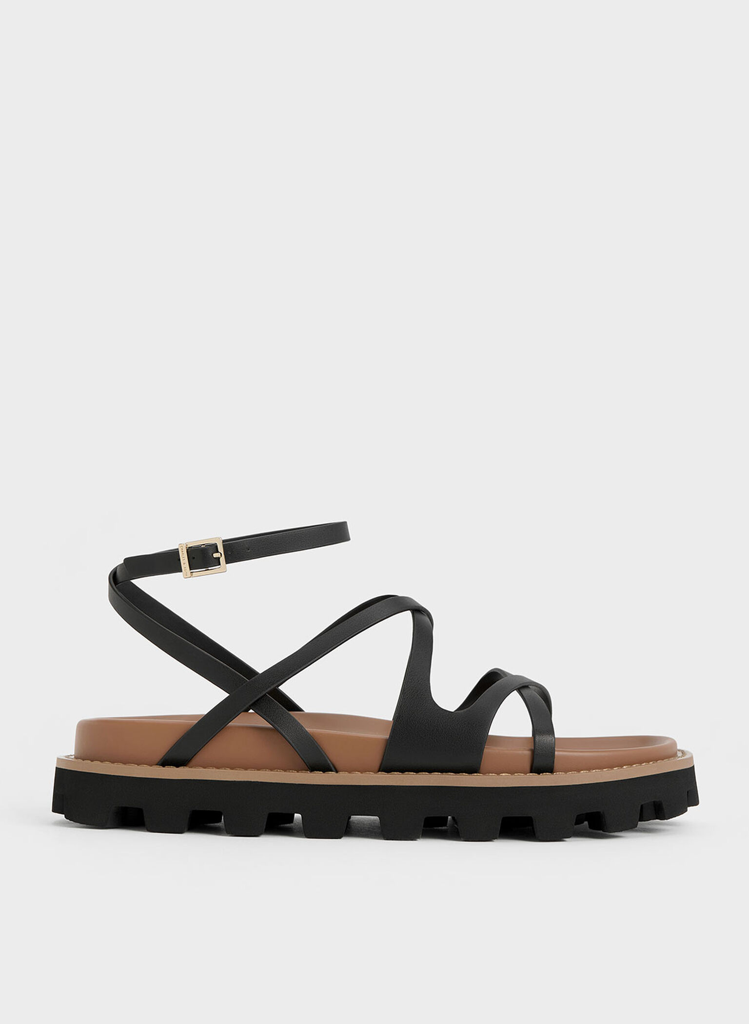 Crossover Ankle-Strap Sandals, Black, hi-res