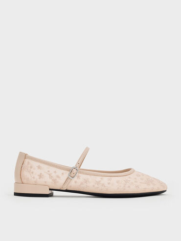 Gertrude Mesh Embroidered Floral Mary Janes, Nude, hi-res