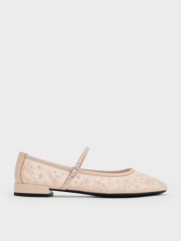 Gertrude Mesh Embroidered Floral Mary Janes, Nude, hi-res