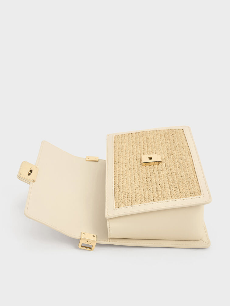 Leather & Raffia Shoulder Bag, Beige, hi-res