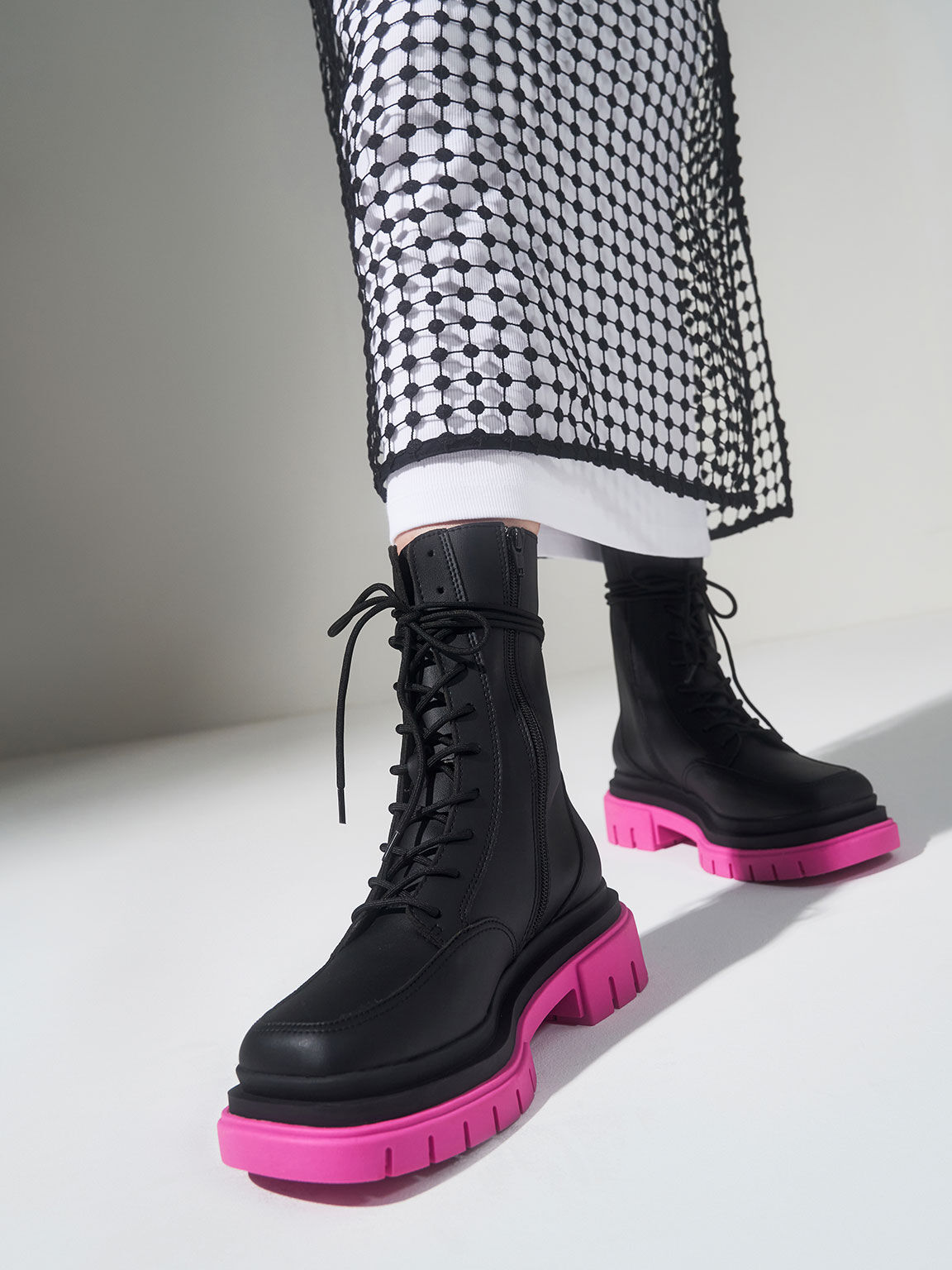 Iggy Coloured Sole Combat Boots, Fuchsia, Charles & Keith