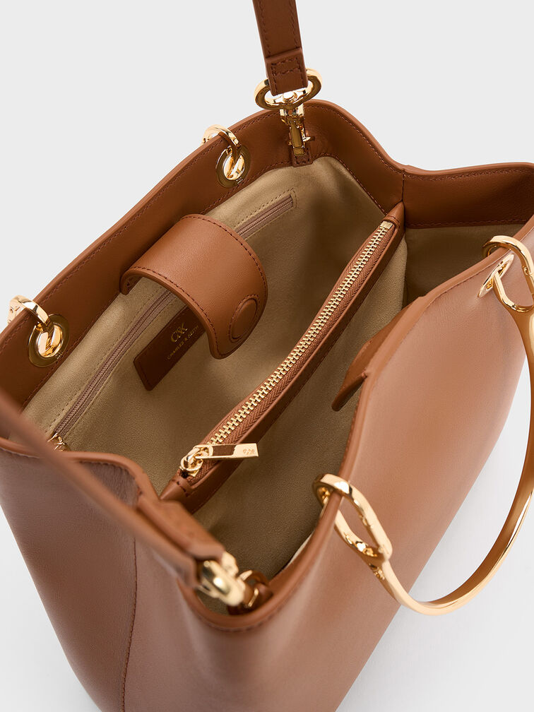 Leather Ring-Handle Bag, Cognac, hi-res