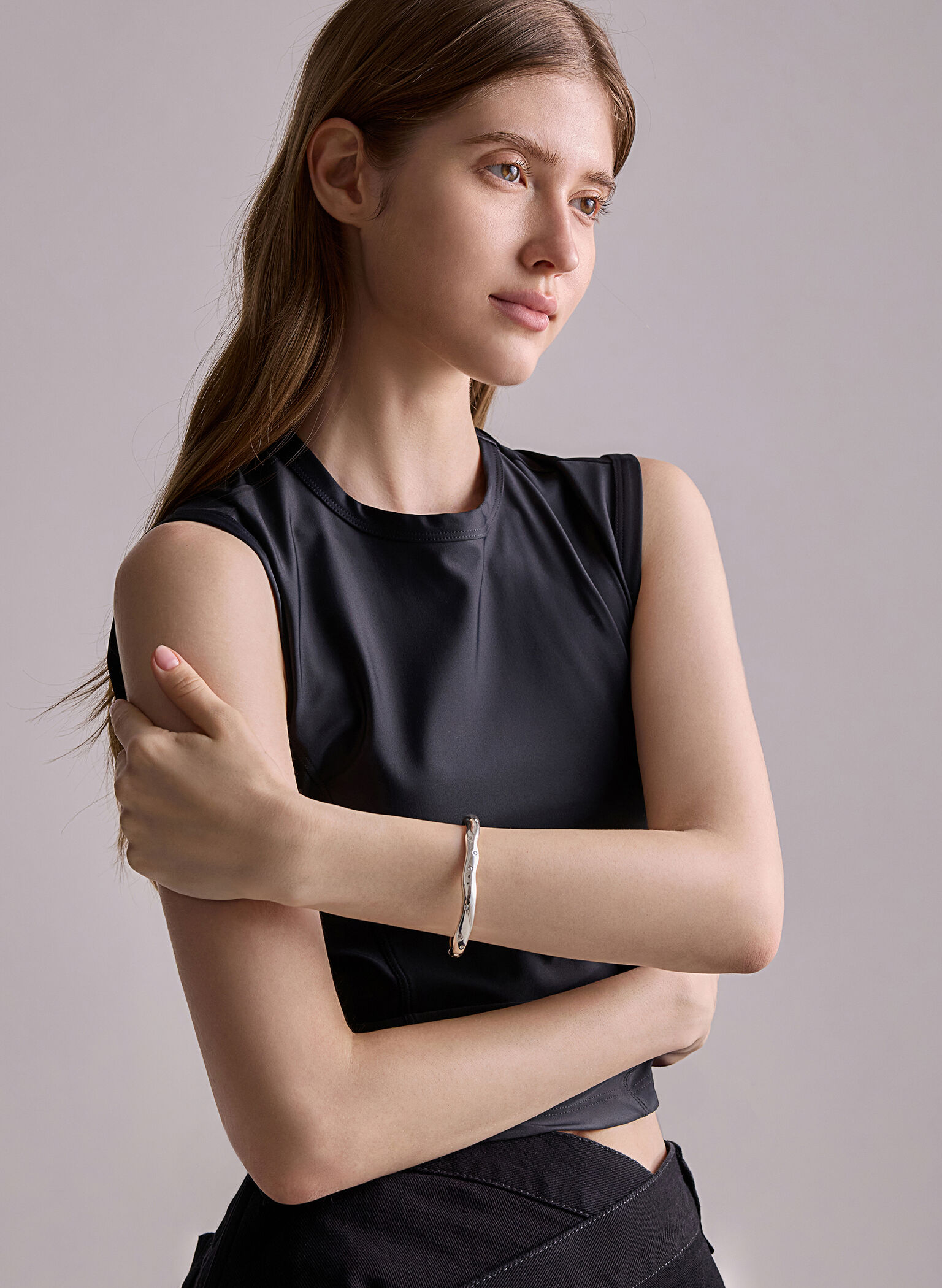 Ottilie Crystal Sculptural Bangle, Silver, hi-res