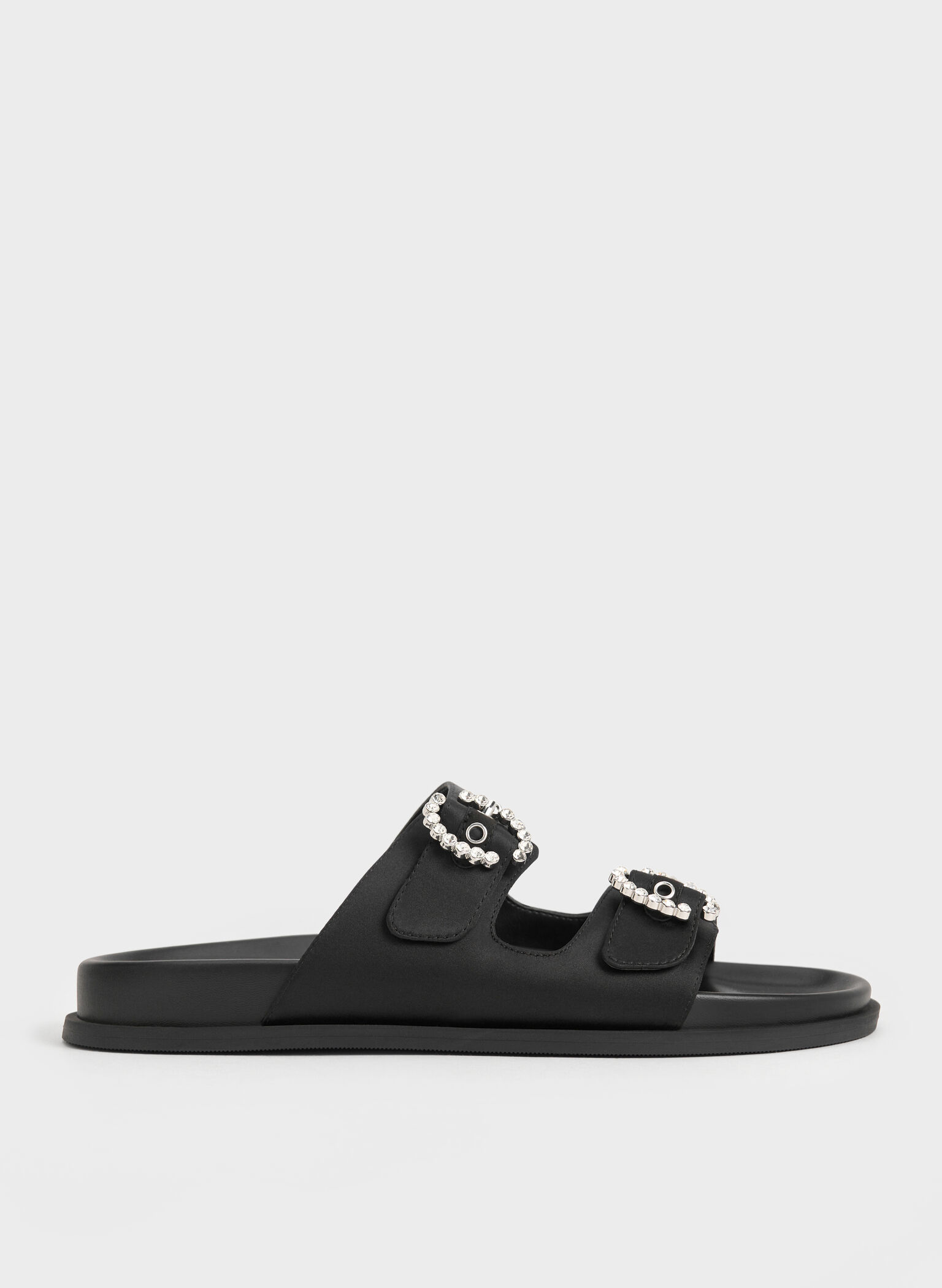 Recycled Polyester Embellished Buckle Sandals, Black Textured, hi-res