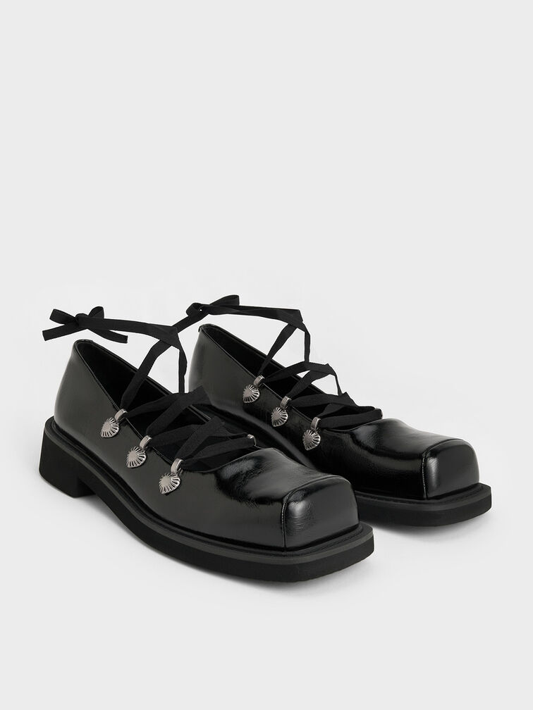 Heart-Embellished Lace-Up Ballet Flats, Black, hi-res