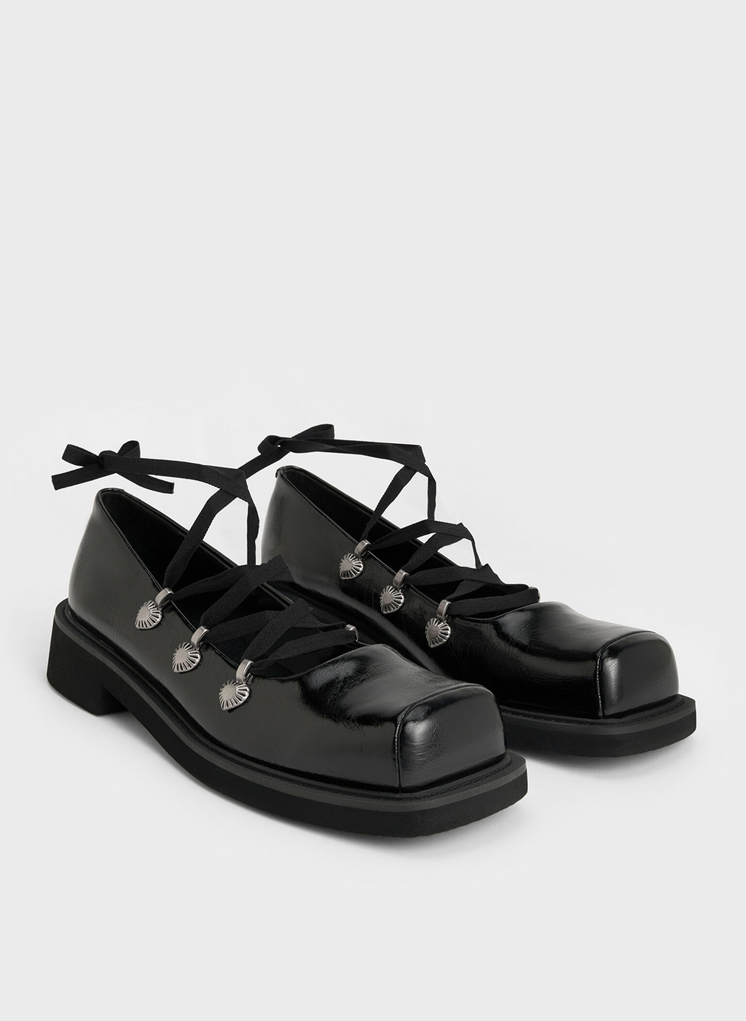 Heart-Embellished Lace-Up Ballet Flats, Black, hi-res