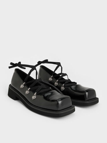Heart-Embellished Lace-Up Ballet Flats, Black, hi-res