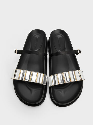 Satin Crystal-Embellished Double-Strap Sandals, Black Textured, hi-res