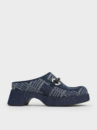 Denim Plaid Metallic Accent Platform Mules, Dark Blue, hi-res