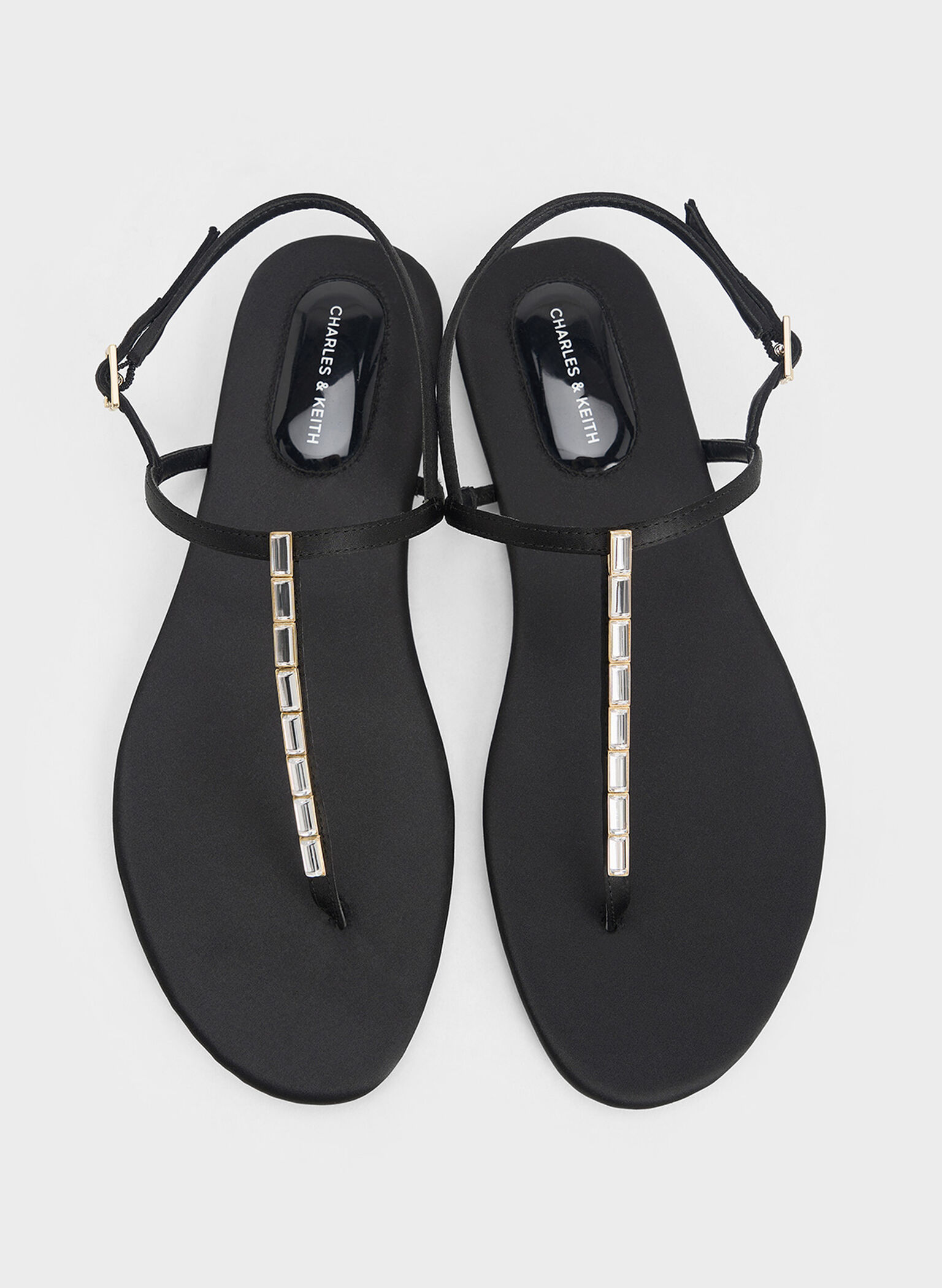 Satin Crystal-Embellished Thong Slingback Sandals, Black Textured, hi-res