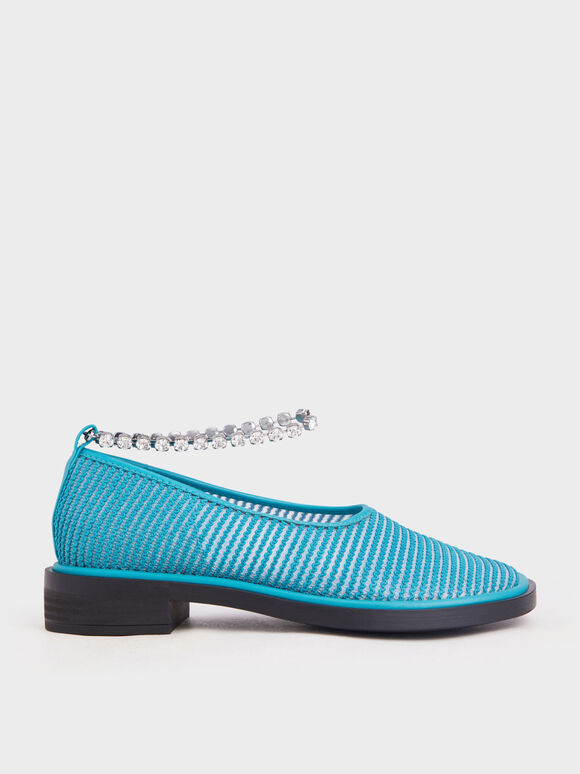 Gem Ankle-Strap Knit & Mesh Shoes, Turquoise, hi-res