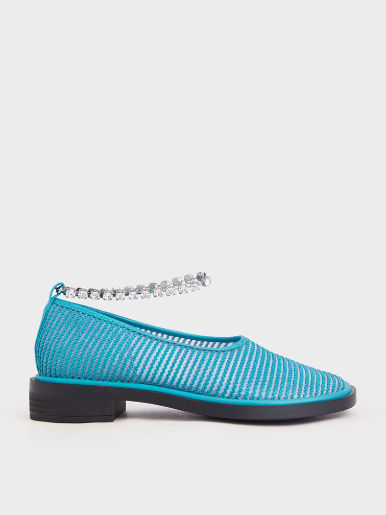 Gem Ankle-Strap Knit & Mesh Shoes, Turquoise, hi-res