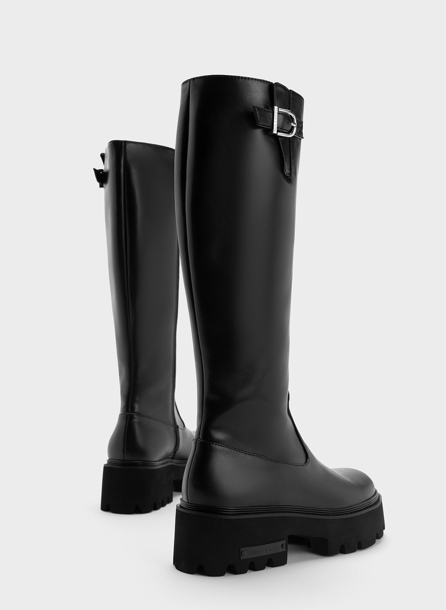 Black Imogen Side-Buckle Chunky Knee-High Boots - CHARLES & KEITH UK
