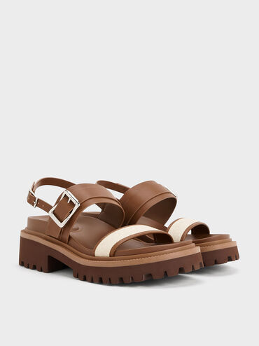 Buckled Platform Slingback Sandals, Caramel, hi-res