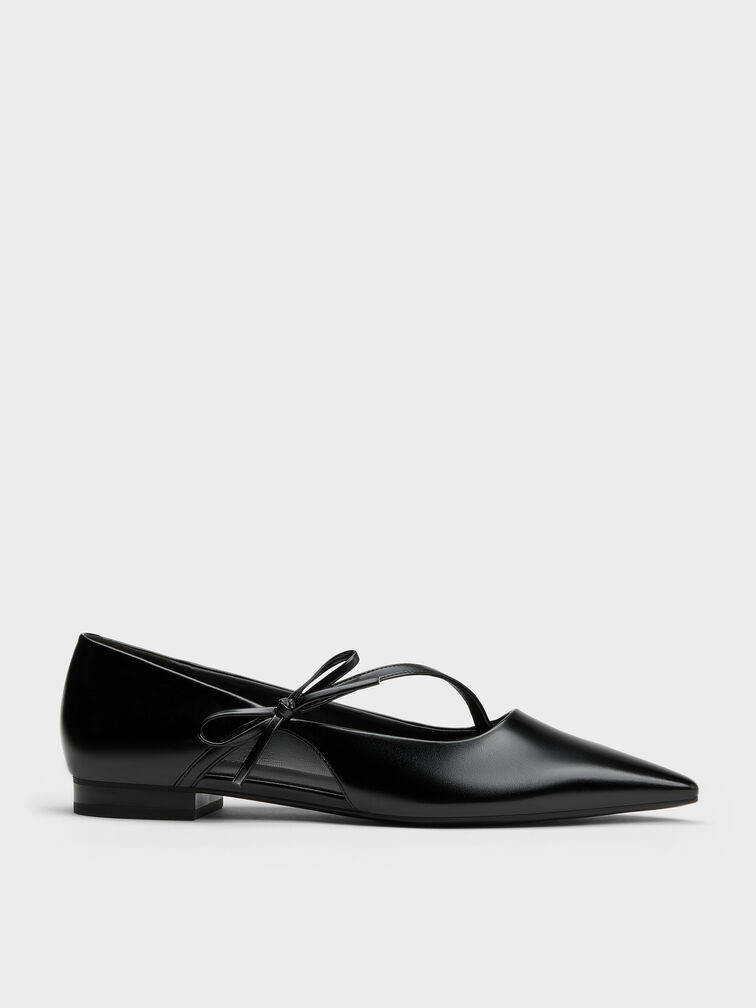Pointed-Toe Bow-Strap Flats, Black, hi-res