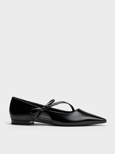 Pointed-Toe Bow-Strap Flats, Black, hi-res