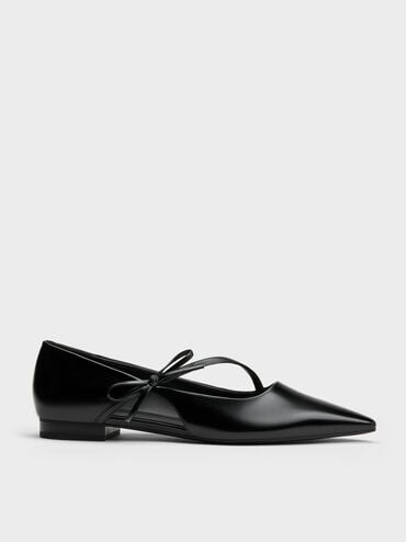 Pointed-Toe Bow-Strap Flats, Black, hi-res